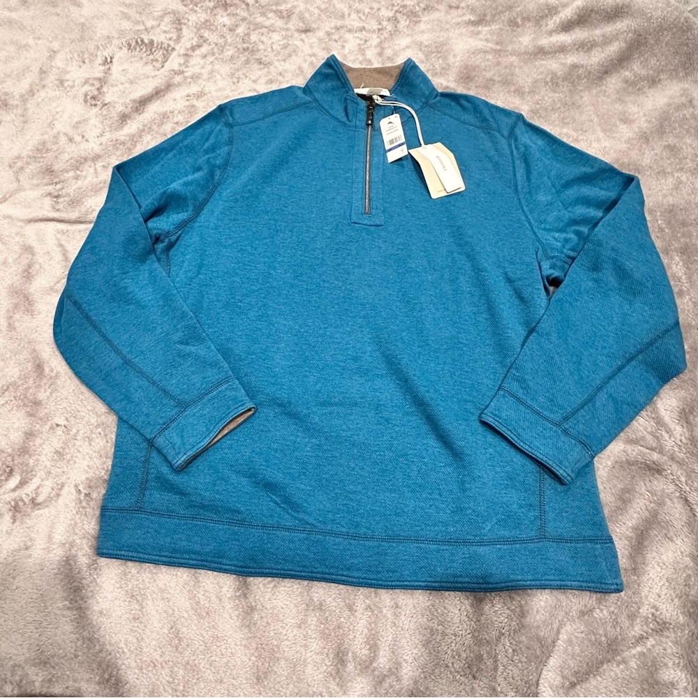 Tommy Bahama Flip Coast Reversible Men's Teal Blue Quarter-Zip Sweater to Gray